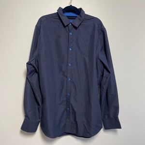 Berto Romani Mens XL Navy‎ Blue Geometric Print Long Sleeve Button Up Shirt